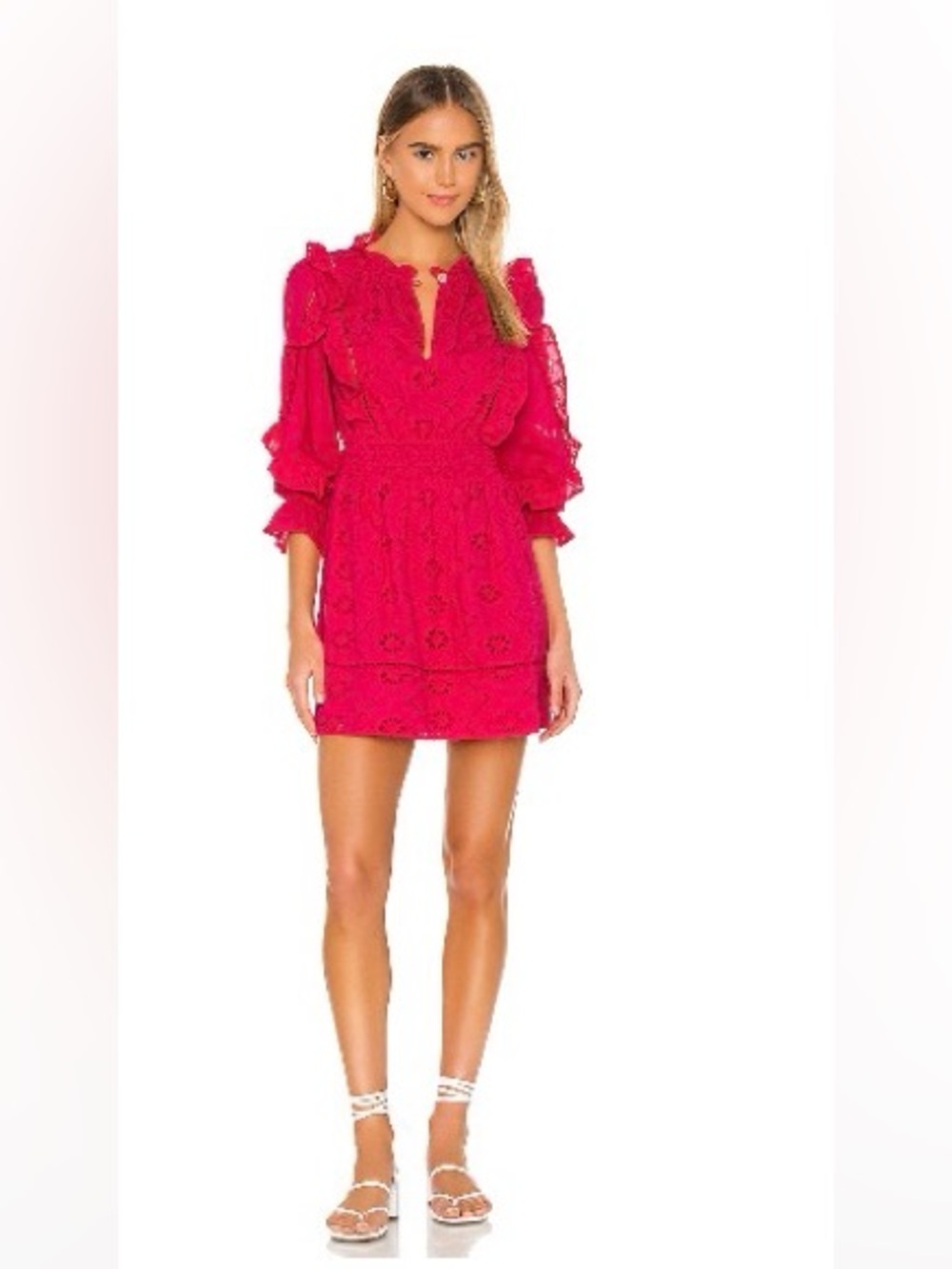 Tularosa Fuchsia Lace Mini Dress with Ruffle Sleeves